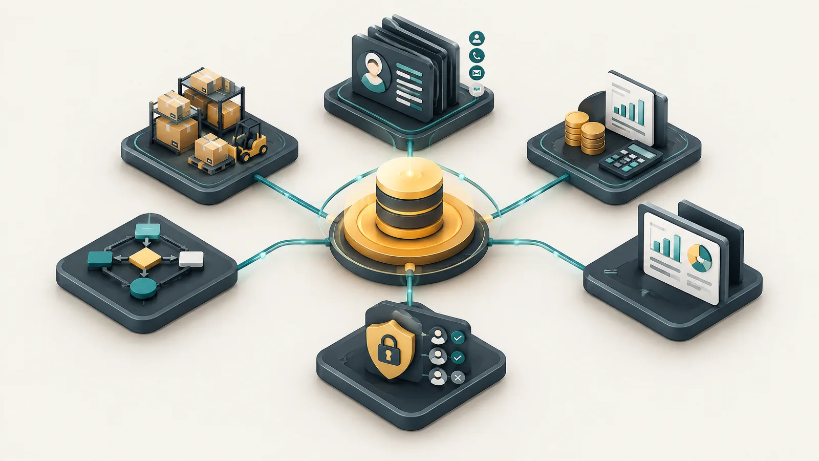 Stock, people, payments, security and reporting modules wired to one core