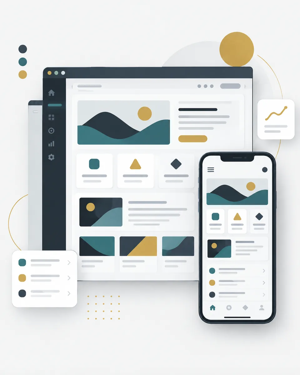 A product interface laid out across desktop and mobile