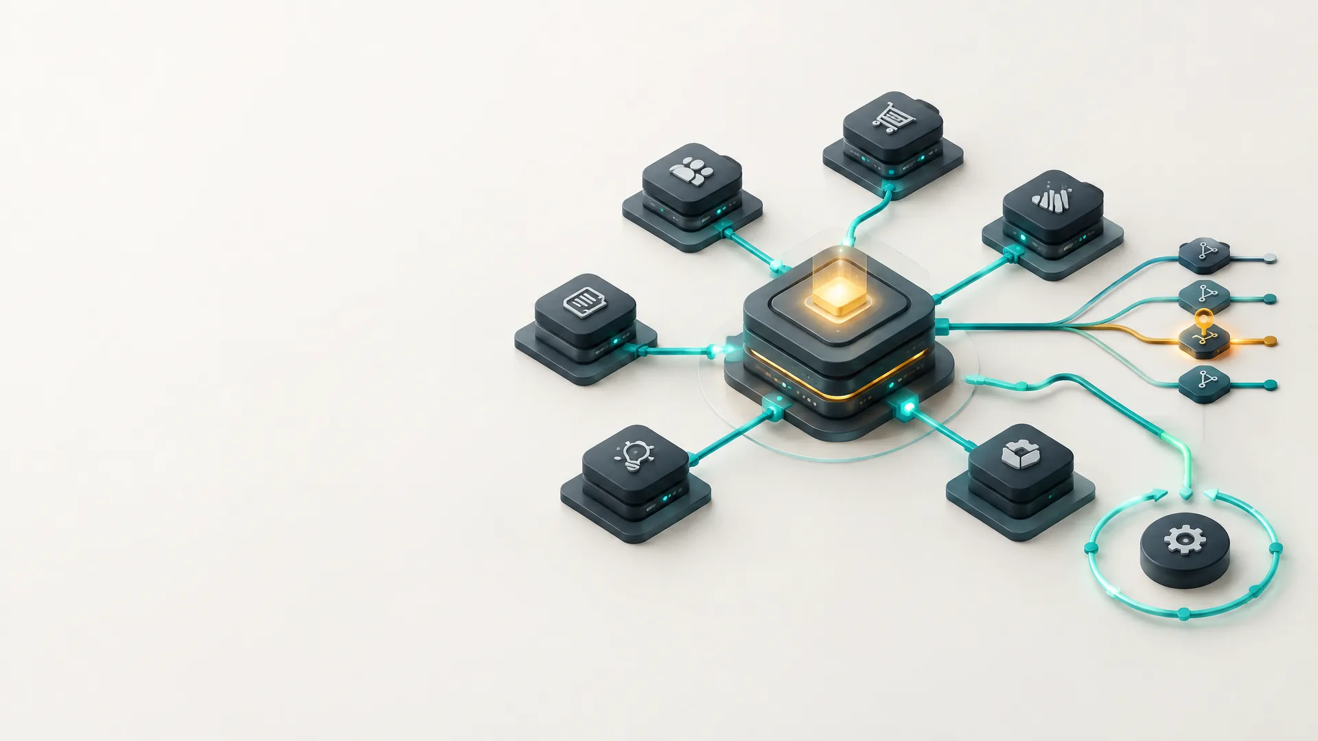 Business modules for customers, orders, reports and ideas wired into one glowing core system
