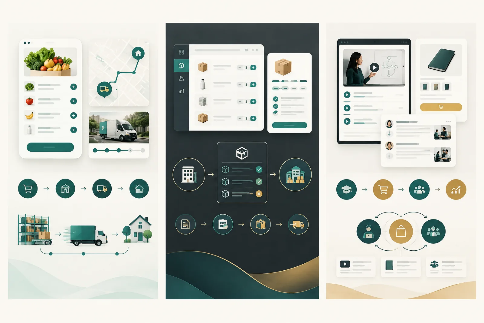 Conceptual views of a delivery app, a B2B ordering system and a learning platform