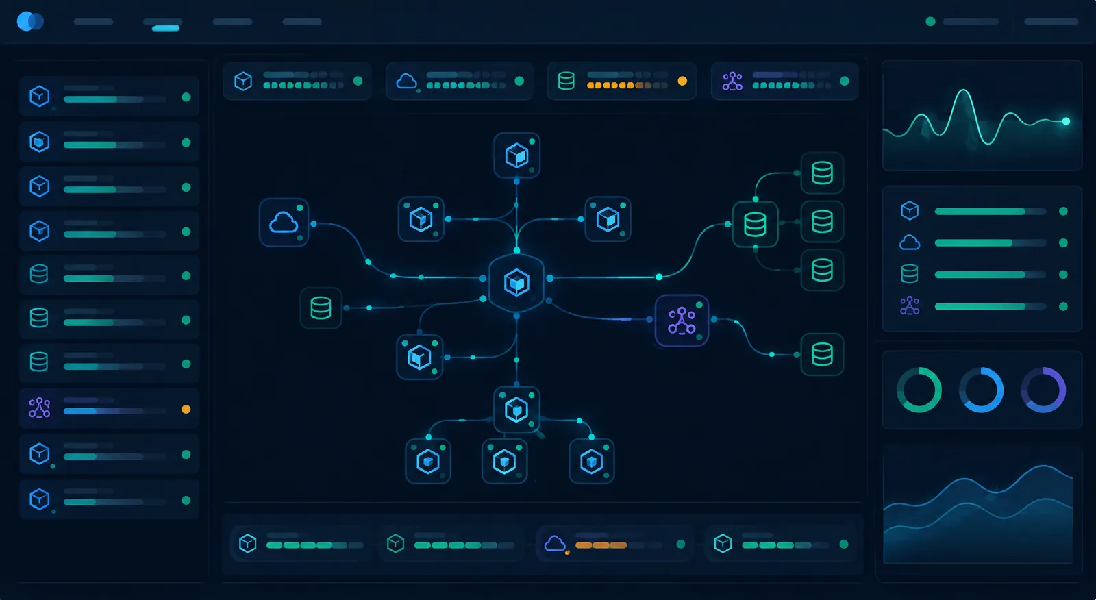 A production monitoring console showing connected services, databases and health signals